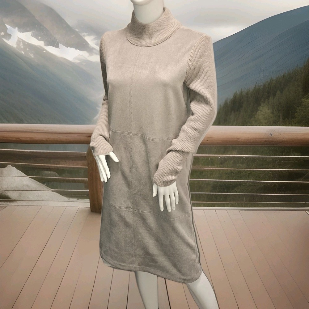 Ann Taylor Petite MP Mock Neck Faux Suede Knit Dress Taupe Gray Fall Solid Class